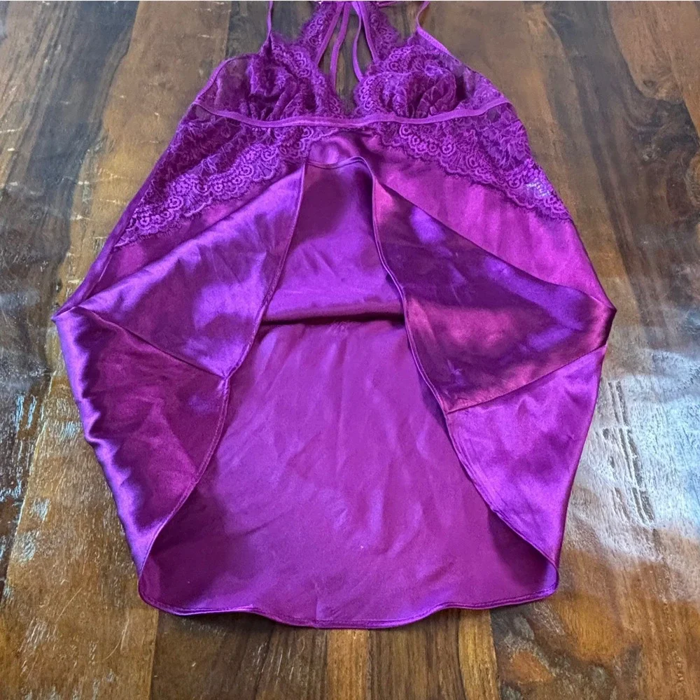 In Bloom by‎ Jonquil Magenta Purple Satin Lace Trim Strappy Back Chemise S